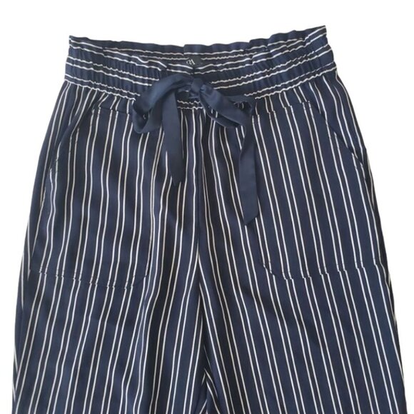 ZARA Women's Navy Blue/White Striped Drawstring Paperbag Pants Size XS - Picture 3 of 16